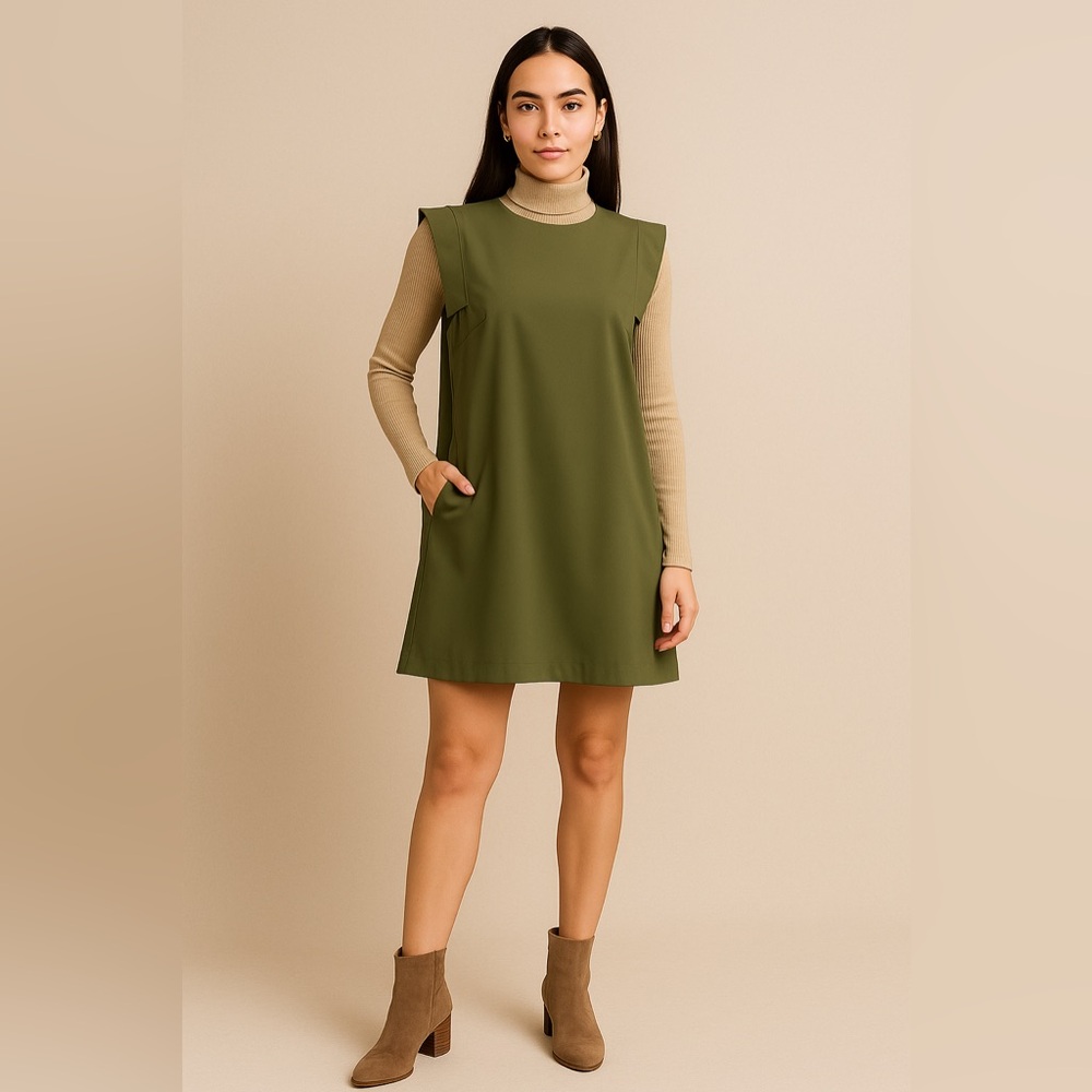 Glam Olive Shift Dress L Minimalist A-Line Modern Tunic w Pockets Fall Capsule‎